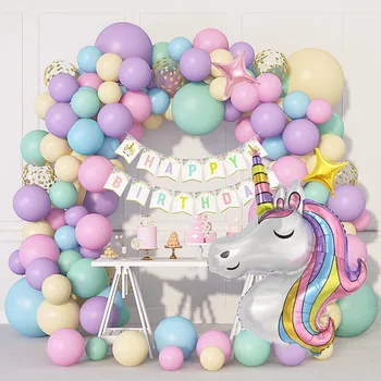 147 Adet Unicorn Doğum Günü Balonlar Kemer Garland Kiti Mutlu Doğum Günü Afiş Kızlar Unicorn Doğum Günü Partisi Süslemeleri Bebek Duş