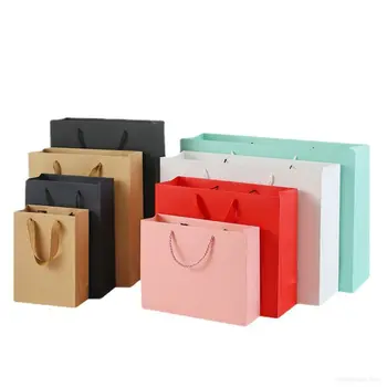 3 adet DIY Kraft Kağıt Düz Renk Kağıt saplı çanta Tatil hediye çantası Düğün Giyim alışveriş çantası Ambalaj çanta seti