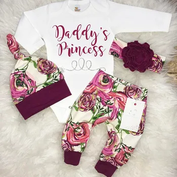 3 ADET Yenidoğan Bebek Kız Setleri Çiçek Mektup Baskılı Romper + Çiçek Pantolon + Sevimli Tayt Şapka Kıyafetler Giysi Set Bahar Sonbahar