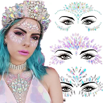 3D Seksi Yüz Dövme Çıkartmalar Geçici Dövmeler Glitter Sahte Dövme Rhinestones Masquerade Kadınlar için Parti Yüz Mücevher Dövme
