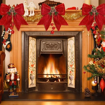 4 Adet Büyük El Yapımı Bowknots Glitter Noel Şerit Yay Çam Kozalakları Noel Ağacı Dekorasyon El Yapımı Noel Süs