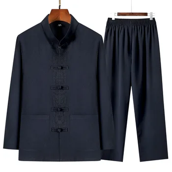 5 Renk erkek Çin Tarzı Uzun Kollu Tang Takım Elbise Retro Nakış Düğme Gömlek Casual Vintage Ceket Pantolon Seti Baba Hediye