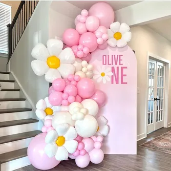 69 adet / takım Papatya Çiçek Alüminyum Balon Pembe Beyaz Balon Garland Kemer Kiti Kız Doğum Günü Partisi Düğün Dekorasyon Bebek Duş