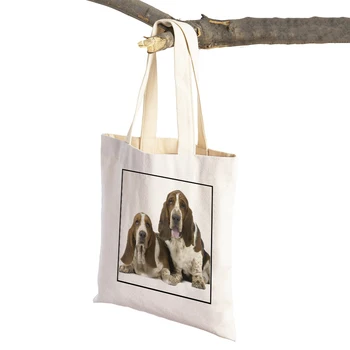 Basset Hound Köpek Tuval Kadın Bayan Tote Çanta Katlanabilir Süpermarket Alışveriş Çantaları Sevimli Hayvan Hayvan Rahat Seyahat alışveriş çantası