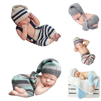 Bebek Erkek Bebek Kız Fotoğraf Çekimleri Örgü Şapka + Pantolon Kıyafetler Kostüm Yenidoğan Fotoğraf Tığ Elbise Sahne Bebek Duş Hediye