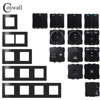 COSWALL L1 Serisi Siyah Fırçalanmış Alüminyum Panel Duvar Anahtarı AB Fransız Soket HDMI uyumlu USB şarj aleti TV RJ45 Modülleri DIY