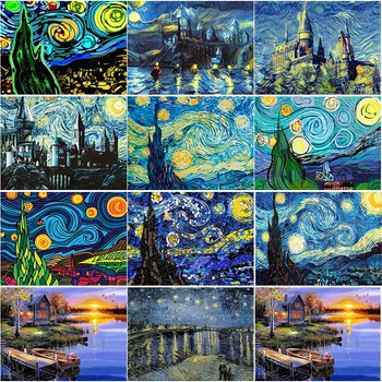 DIY 5D Elmas Nakış Van Gogh Yıldızlı Gece Çapraz Dikiş Manzara Elmas Boyama Tam Kare Yuvarlak Matkap Ev Dekor Hediye