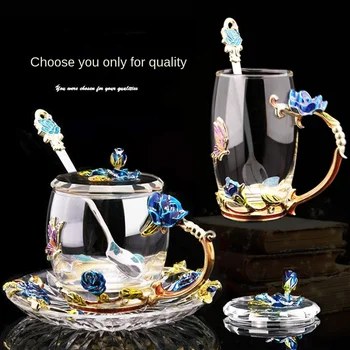 Emaye Fincan ısıya Dayanıklı Çiçekli Çay Kristal Cam çay bardağı Kadın Kapaklı Kaşık Ev Fincan Seti Büyük Yaratıcı Hediye