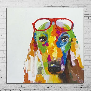 En iyi Handpainted renkli köpek Yağlıboya soyut Tuval karikatür köpek yağlıboya Duvar sanat resmi Oturma oda duvar dekoru