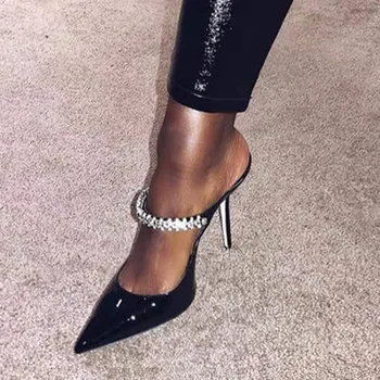ENMAYER Yaz Moda kadın ayakkabısı Sivri Burun Stilettos Seksi Zarif Terlik Kristal Rhinestone Katır Topuklu Ayakkabı Terlik