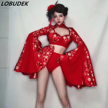 Gece kulübü Bar DJ Kadın Çin Tarzı Kırmızı Büyük Kollu Bikini Kostüm Şarkıcı Lider Dansçı Seksi Sahne Giyim Performans Elbise