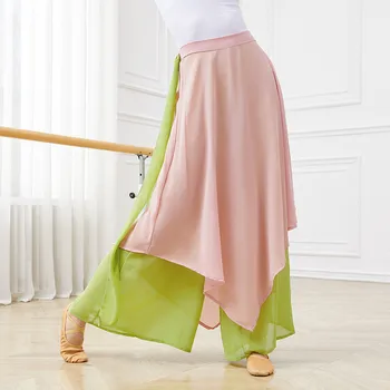 Geniş Bacak Pantolon Kadın Klasik Dans Çin Halk Dans Gevşek Uzun Şifon Şerit Ekleme Pantolon Harem Pantolon Elastik Pantolon