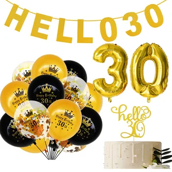 Hello 30 40 50 60th Yıl Doğum Günü Banner Garland Glitter Hello 30 Kek Topper Yetişkin Yıldönümü Doğum Günü Partisi Dekor Balon