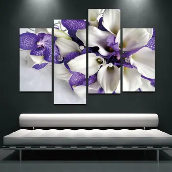 Hiçbir Çerçeveli 4 Adet Mor Beyaz Iris İskandinav Çiçek duvar sanatı Tuval Posterler Resimleri Resimleri Ev Dekor Oturma Odası ıçin dekorasyon