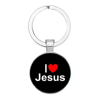 I Love İsa Sembolü Moda Anahtarlık Cam Cabochon Dome Anahtarlık Tutucu Araba Çanta Aksesuarları Dini Hatıra Hediye