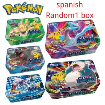 Ingilizce Fransızca İspanyolca Versiyonu Rastgele 42 Adet Pokemon Kartları İle Demir kutu depolama EX GX V Pikachu Oyun Koleksiyonu Kartları Oyuncak B