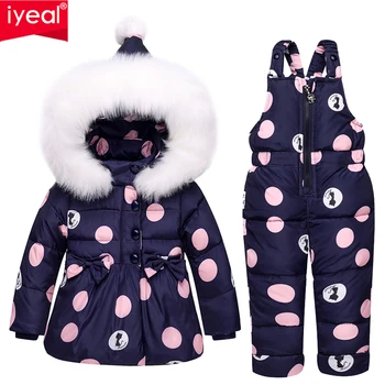 IYeal Kış Çocuk Kız giyim setleri Sıcak Kapüşonlu Ördek Aşağı Ceket Mont + Pantolon Su Geçirmez Snowsuit Çocuklar Bebek Giysileri