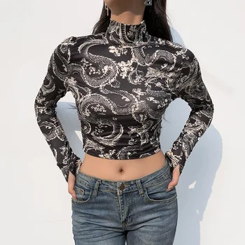 Kadın Ejderha Baskı Y2k T-Shirt Femme Giyim 2021 Indie Harajuku Balıkçı Yaka Sıska Uzun Kollu Gotik Estetik Kırpma Üst Tee