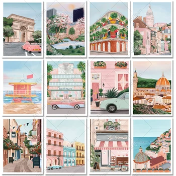 Karikatür Seyahat Şehir Posteri İtalya Paris Londra Manzara Tuval Baskı Duvar Sanatı Resimleri için Ev Dekorasyon İç Resimleri