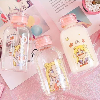 Kawaii Cam Taza Sailor Moon Şişeleri 450ml Kawaii Çorba cam kupa Su Şişesi İle Saman Gözlük Sevimli içme şişesi Bardak