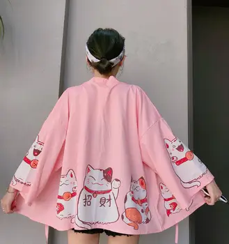 Kawaii Pembe Renk Kadın Kimono Hırka Japon Haori Kadın Femme Bluz Yukata Yaz Sevimli Plaj Üst Gömlek Dropship