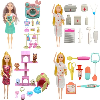 Kieka Minyatür Ürünler 30cm Hemşire Bebek Aksesuarları ile Köpek Seti Yıkama Seti Mini Dollhouse Barbie Prenses Oyuncaklar Kız Bebek için