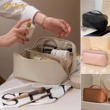 Krem Deri Makyaj Çantası Bayanlar Lüks Organ Yastık Çanta PU Kozmetik Çantası Büyük Seyahat Çantası