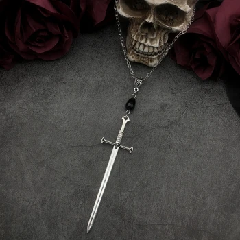 kılıç ve siyah kristal kolye Gotik kolye gümüş renk Takı beyanı Gizemli siyah takı tarot hediye yeni