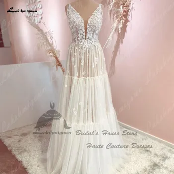 Lakshmigown Klasik Gelin Boho düğün elbisesi Plaj 2022 Vestito Sposa Ruffles Tül Seksi Bir Çizgi düğün elbisesi es V boyun