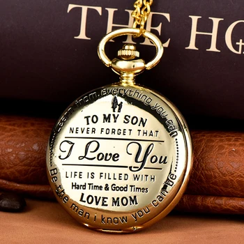 Lüks Oğlum Seni Seviyorum Oyma kuvars cep saati Oğlu için Erkek Kazınmış Durumda Fob Saatler Saat Çocuk Doğum Günü Hediyeleri için