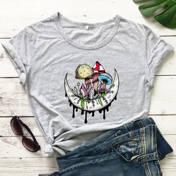 Mantar Ve Kristaller Ay renkli tişört Vintage Sihirli Mantar Tshirt Estetik Boho Cadı Hippi Üst Tee Gömlek