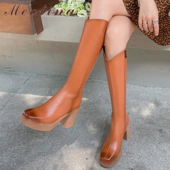 Meotina Kadın Hakiki Deri Diz Yüksek Çizmeler Kare Ayak Platformu Blok Yüksek Topuk Fermuar Bayanlar Uzun Çizme Sonbahar Kış Ayakkabı