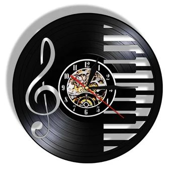 Müzik Notaları Vinil Kayıt duvar saati Piyano Parti duvar sanat dekoru Saatler İzle Tiz Nota Anahtarı Sembolleri Müzikal Siluet Ev Duvar Sanatı