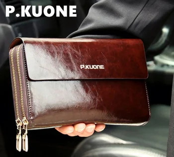 P. KUONE erkek debriyaj cüzdan Lüks Shining Yağ Mumu Inek Derisi Erkek el çantası adam Uzun Hakiki Deri cüzdan erkek bozuk para cüzdanı çanta