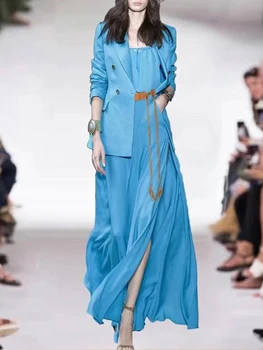 Pist Tasarımcısı İlkbahar Sonbahar Yeni Tasarımcı Mavi Takım Elbise Üstleri Seksi Kayma Elbise Zarif Yüksek Kalite Moda Rahat Parti kadın Setleri