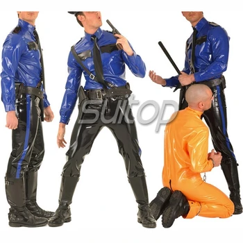 Polis adam kauçuk üniforma lateks kostümleri askeri setleri dahil değil kemer SUİTOP özelleştirilmiş zentai adam mavi