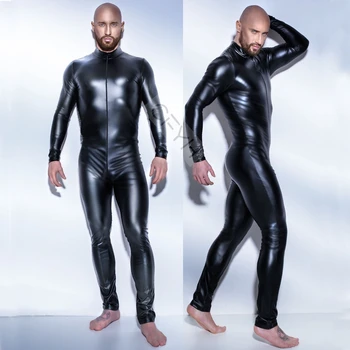 Seksi İç Çamaşırı Erkekler Fermuar Wetlook siyah suni deri Catsuit Artı M L XL XXL XXXL Boyutu Tulum Bodysuit
