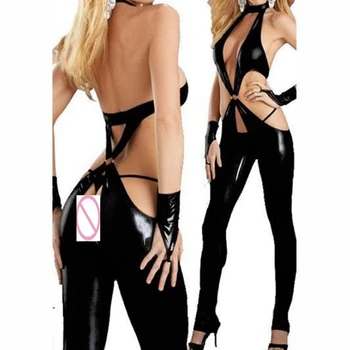 Seksi wetlook Faux Deri Catsuit PVC Lateks bodysuit lingerie Açık Crotch Clubwear fetiş sıcak erotik Kutup Dans PU giyisi