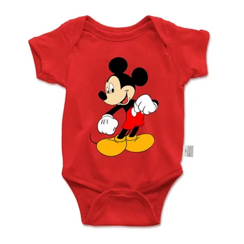 Sevimli Mickey Mouse Baskı Yenidoğan Bebek Giysileri %100 % Pamuk Bebek Romper Kırmızı Kısa Kollu Bebek Yürüyor Boys Bodysuit