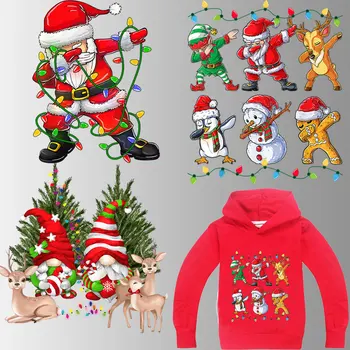 Sevimli Noel Santa Demir On Transferi Çıkartmalar Giysi Yama Termo Transferler Yamalar Ceket Çocuk T-Shirt Çizgili Kumaş