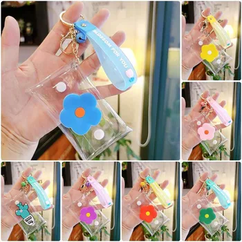 Sevimli Çiçekler Şeffaf PVC Anahtar Cüzdan Kılıf Zincir Yüzük Kılıfı Araba Anahtarlık Kahya Kadın Sikke Çanta Mini Ruj saklama çantası