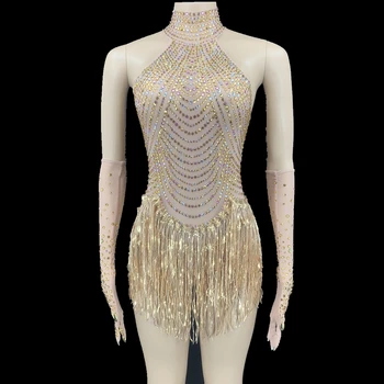 Shining Rhinestones Saçaklar Dans Bodysuit Seksi Kadın Örgü Perspektif Kristal Leotard Şarkıcı Dansçı Sahne Giyim Parti Kıyafet