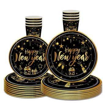 Siyah Altın Yeni Yıl Tek Kullanımlık Sofra Seti Tezahürat Yeni Yıl Peçete Tabak Bardak Kutlamak Mutlu Yeni Yıl 2023 Mutlu yılbaşı dekoru