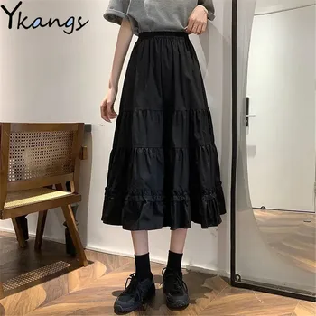 Siyah Goth Lolita Uzun Pilili Etek Kadın Ruffles Vintage Yüksek Bel Harajuku Midi Etek Yaz Kore Patchwork Streetwear