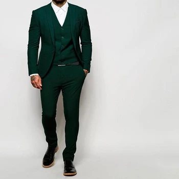 Slim Fit Groomsmen Tepe Yaka Damat Smokin Yeşil Erkek Takım Elbise Bir Düğme Düğün En Iyi Erkek Blazer (Ceket+Pantolon+Kravat+Yelek)