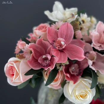SunMade Lüks Gül Buketi ile Cymbidium İpek yapay çiçekler Düğün Dekorasyonumuzu Gelin Buketi Flores Artificales Pembe Flore