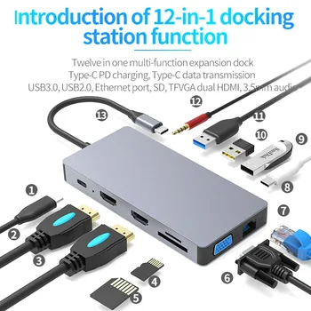 tebe 12 İN 1 USB C HUB Tip-c Çift HDMI Ekran Yerleştirme istasyonu RJ45 / VGA / TF / SD / USB3. 0/2. 0/2 * Tip-c Mac HP İçin Tip c Splitter