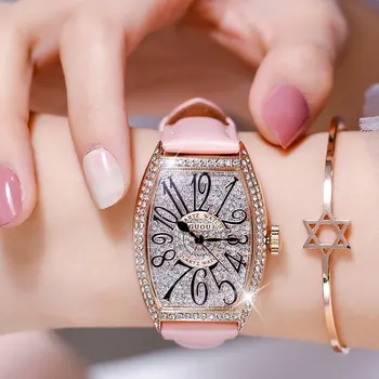 Tonneau Şekilli Dijital Elmas kadranlı saat Bayanlar için Hakiki Deri Kayış Su Geçirmez Kuvars kol saati Eşi için noel hediyesi
