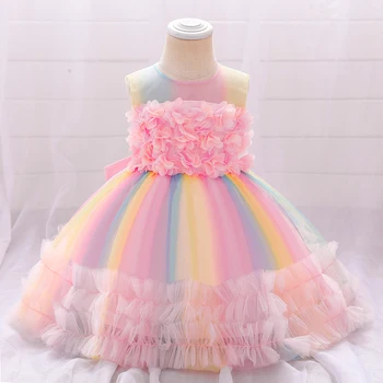 Yaz Bebek Elbise Kızlar İçin 1 Yıl Doğum Günü Prenses Giyim Toddler Renkli Çiçek Dantel Parti Gelinlik Çocuklar Vestidos