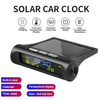 Yeni Araba USB Solar Şarj Akıllı Dijital Saat Takvim Zaman Sıcaklık LED Ekran Otomobil Iç Aksesuarları Otomatik Başlangıç